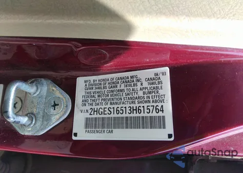 2003 Honda Civic Lx из США, поврежденный, VIN 2HGES16513H615764